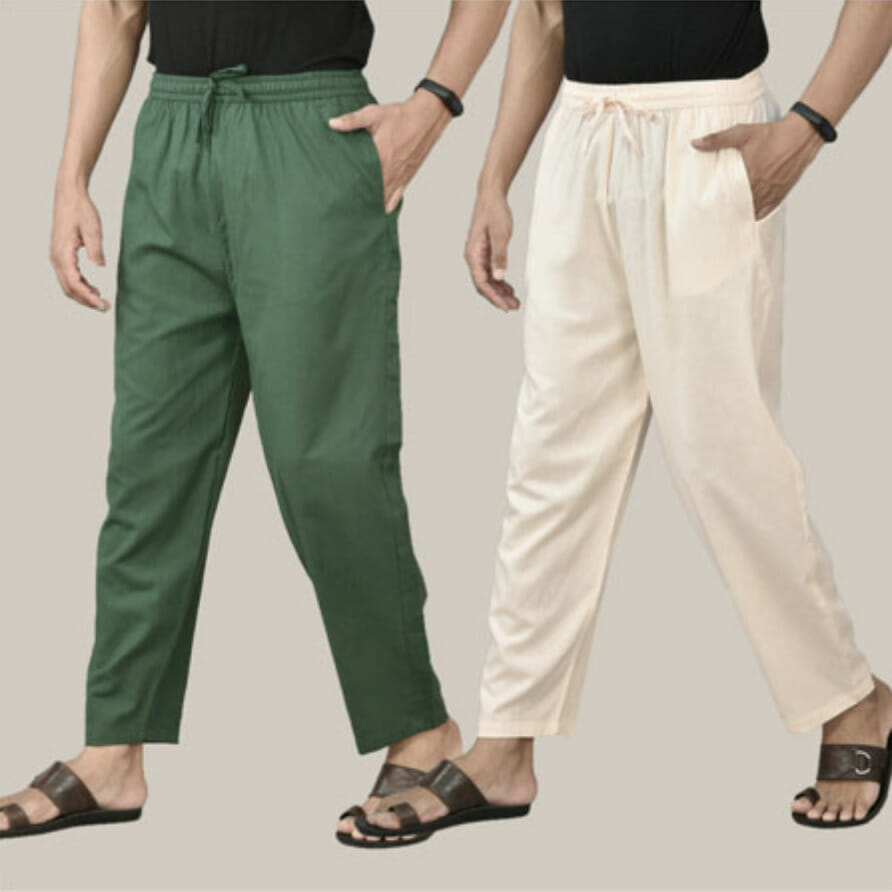Cotton Yoga Pants – Beige and Bottle Green – Yoga Rudra